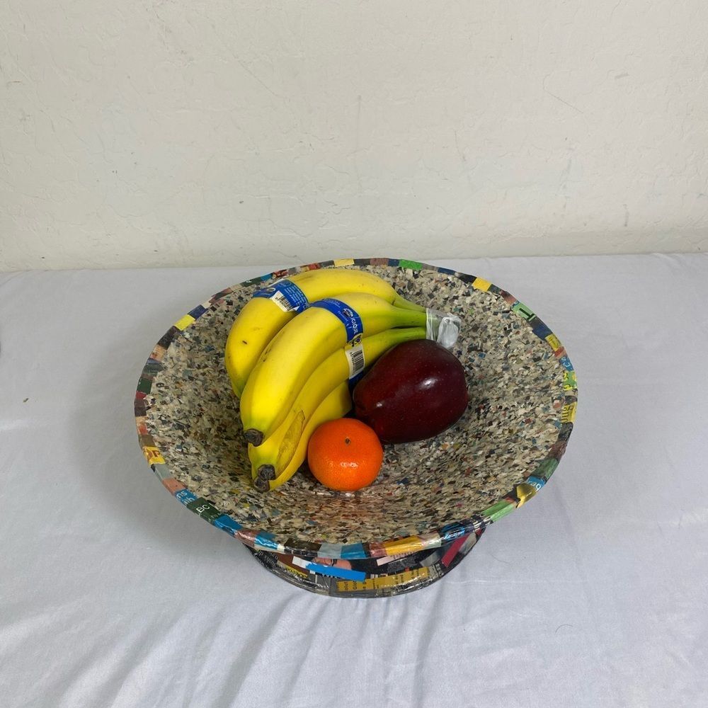 Recycled Multicolor Paper Pedestal Bowl - Eco Accent Retro Paper Machete - Picture 2 of 10
